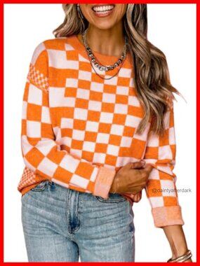 Women's Checkered Pullover Sweater Crew Neck Long Sleeve Knit Top